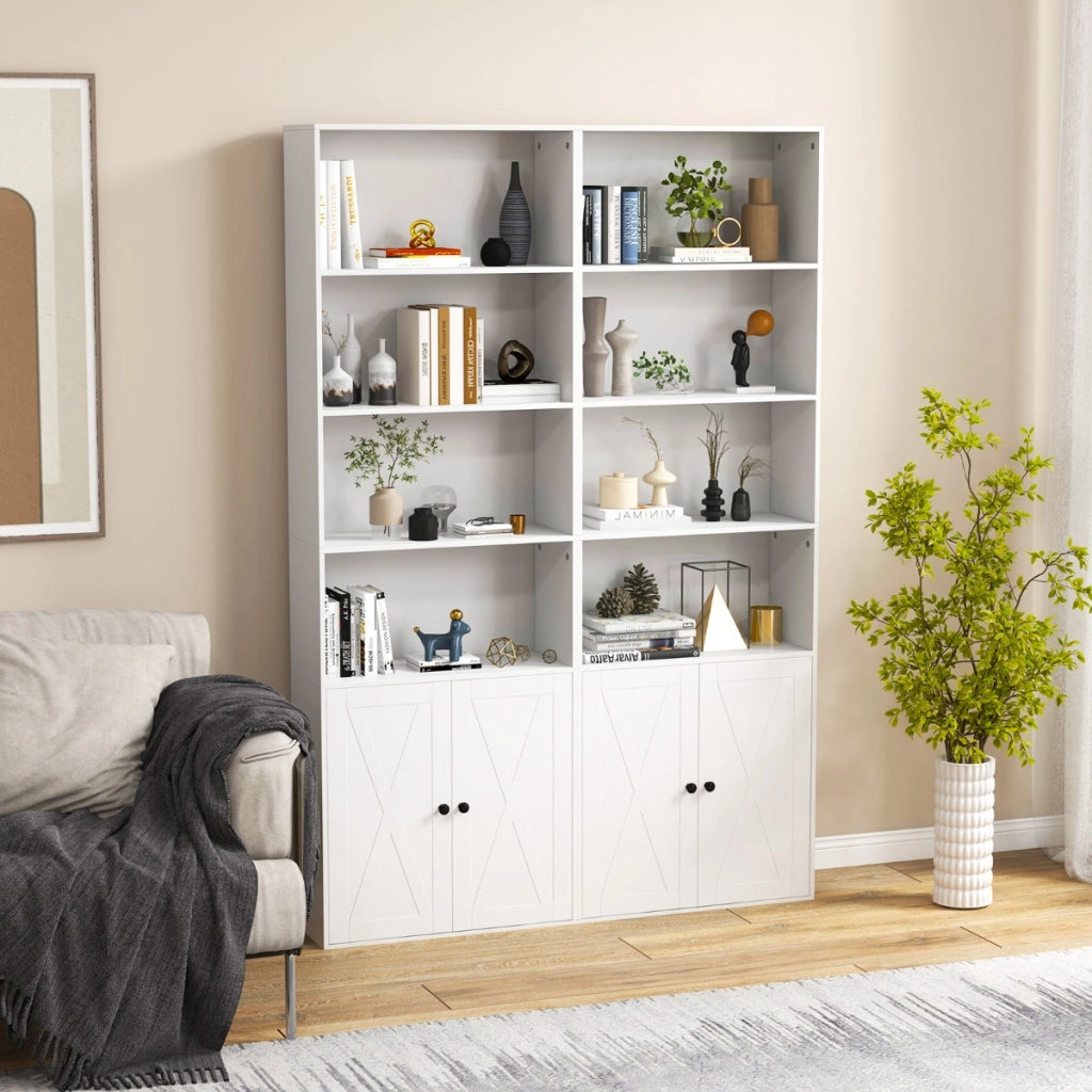 Libreria scaffale con ante stile rustico 6 ripiani e 2 ante-Libreria da 180cm con ripiano regolabile Bianco
