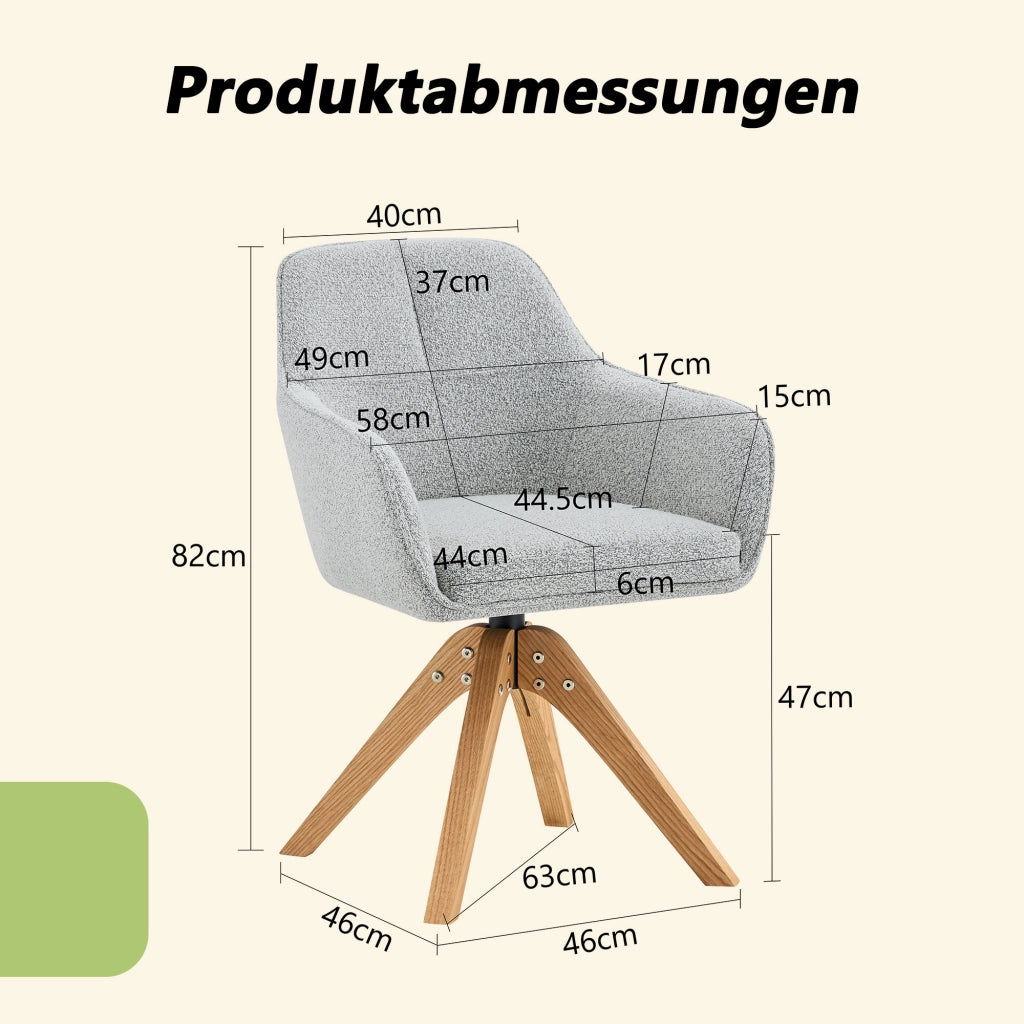 Sedia da pranzo girevole a 360° con braccioli e schienale ergonomico, in tessuto grigio e legno massello, set da 2