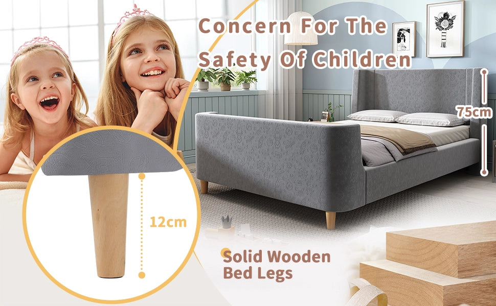 Letto Imbottito Singolo per Bambini ¨C MINIMAL ¨C Velluto Grigio 90x200