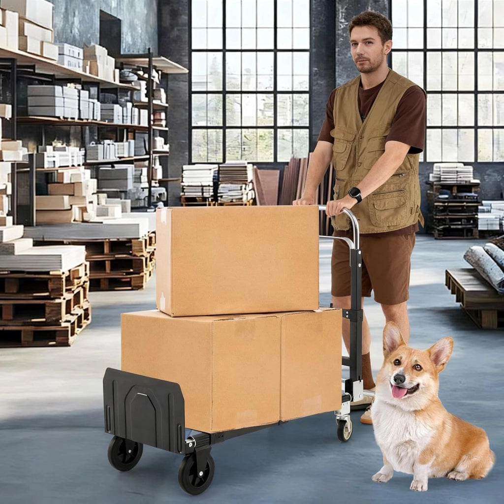 Carrello Pieghevole 3 in 1, Carrello a Mano e Piano Regolabile con Manico Retrattile e Lunghezza Regolabile, Capacità di Carico 272 kg, per Garage, Magazzino