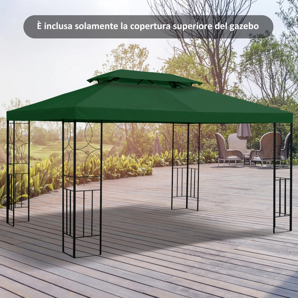 Copertura per Gazebo 4x3 m a 2 Livelli in Poliestere con Cinghie e 10 Fori di Drenaggio, Verde