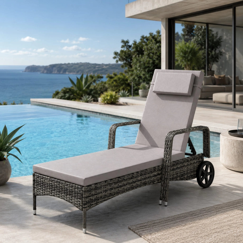 Chaise Longue In Polyrattan Con Schienale Reclinabile Sei Livelli Poggiatesta Integrato E Ruote Per Giardino E Solarium 196 x 72 x 94.5 Cm Grigio