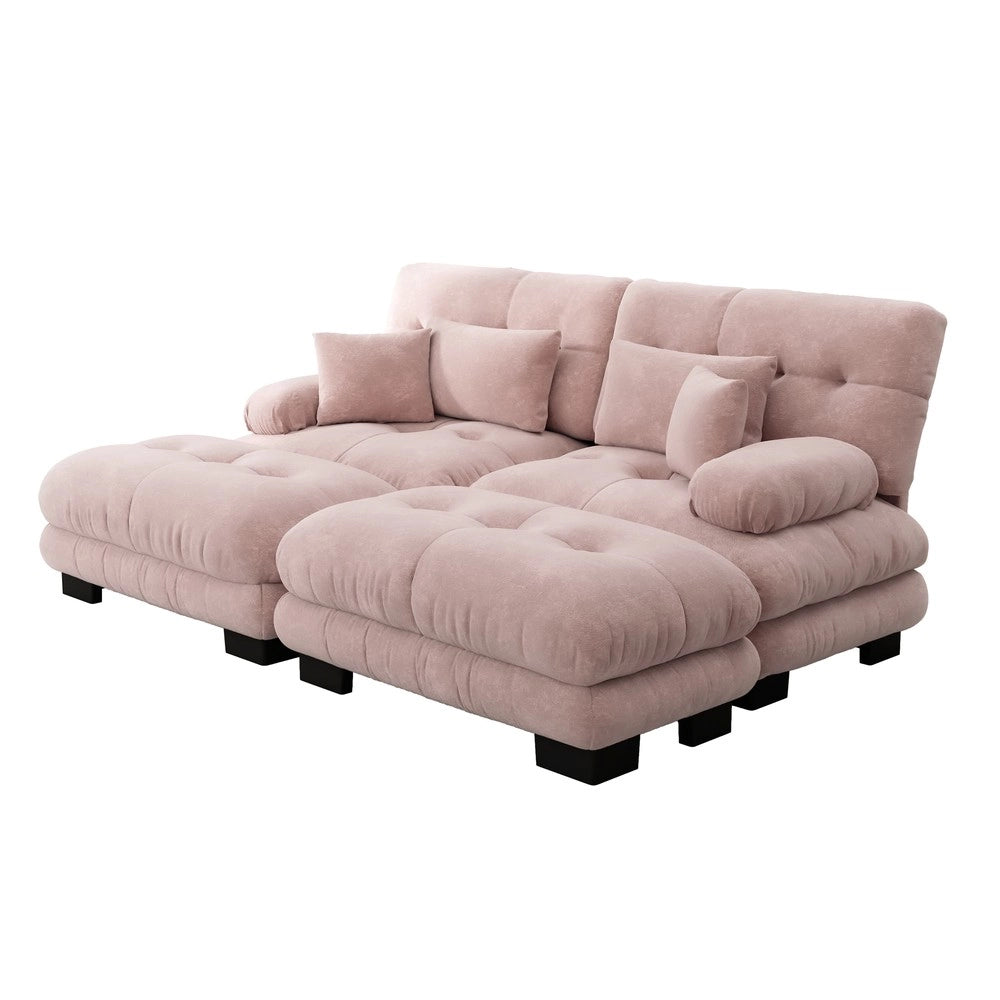Divano angolare con poggiapiedi ¨C Minimal ¨C rosa chenille imbottito con braccioli e cuscini