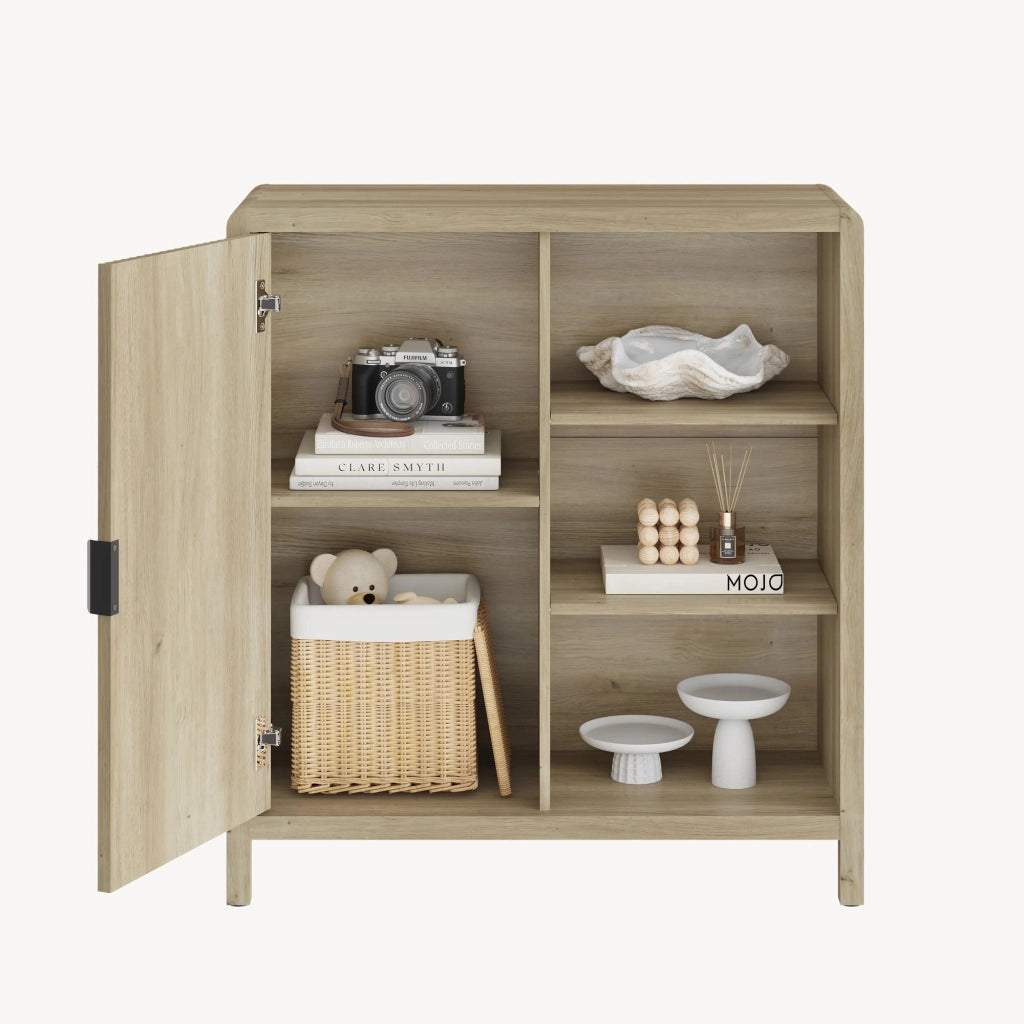 Credenza Lukkodso Comò con Anta e 3 Scomparti Aperti 82 x 75 x 30 cm - Effetto Rovere Medio Chiaro [en.casa]