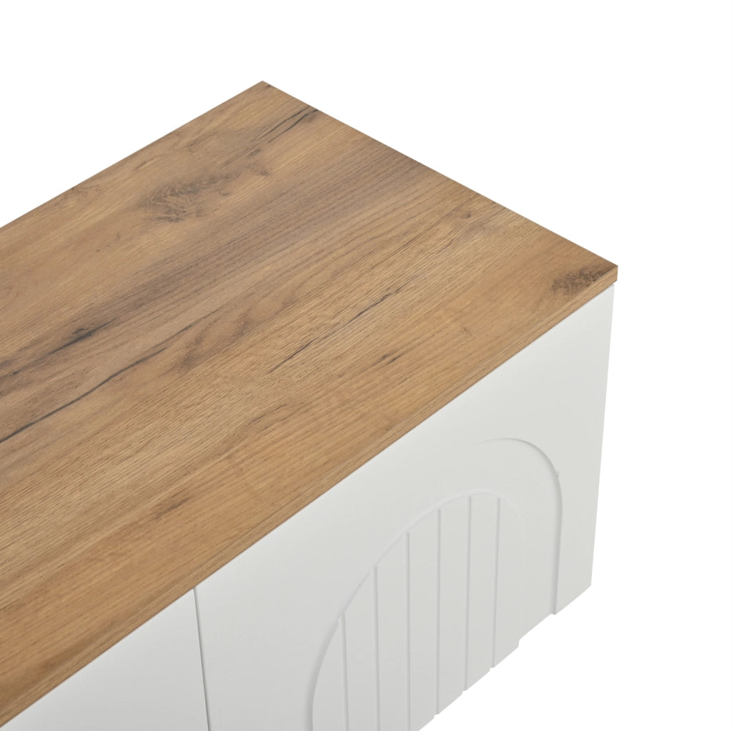 Mobile TV 180x40x45 cm con 4 ante e 6 gambe in metallo MDF bianco e naturale