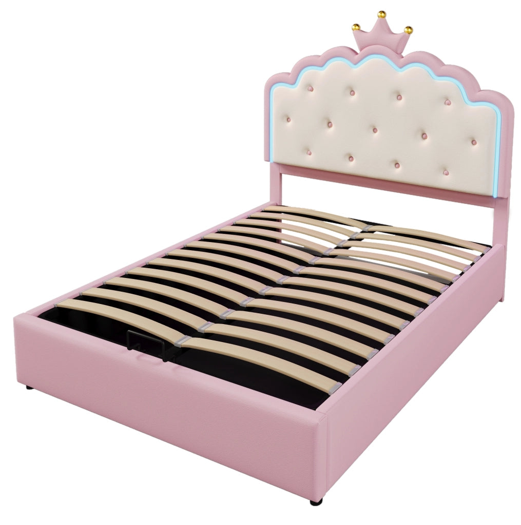 Letto imbottito 140x200 cm con luce LED e vano contenitore; PU rosa (Senza materasso)