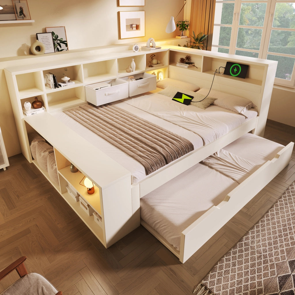 Letto 140x200 cm con letto estraibile; vani portaoggetti e porte USB/Type-C; bianco
