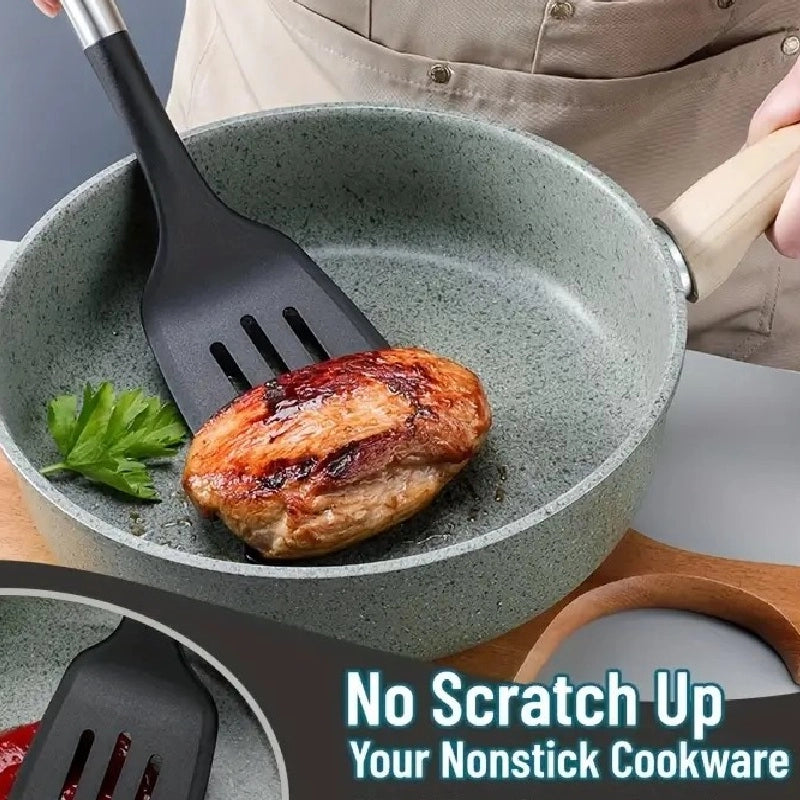 Utensili da Cucina 6pz in Acciaio e Nylon Non Graffiano Antiaderenti Nero Cromo