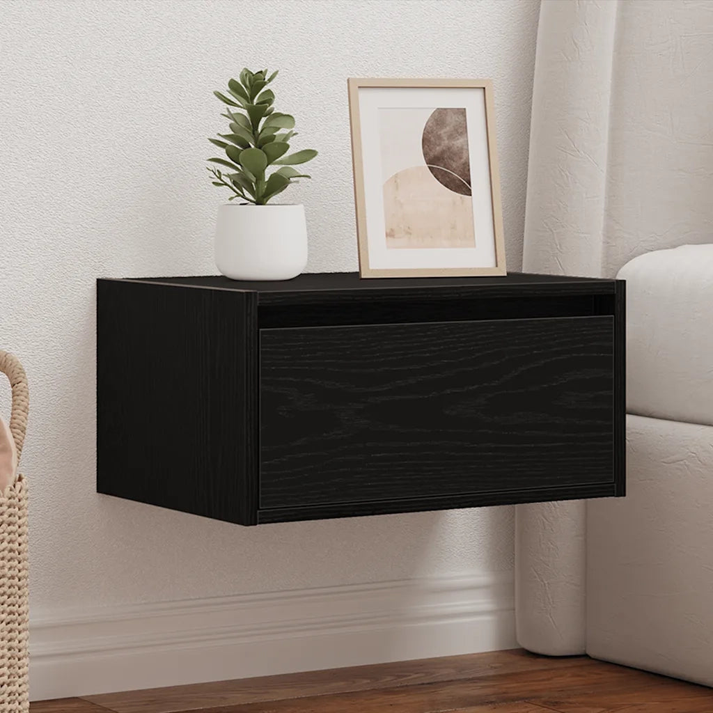 Comodino a Parete con Luci LED Rovere Nero