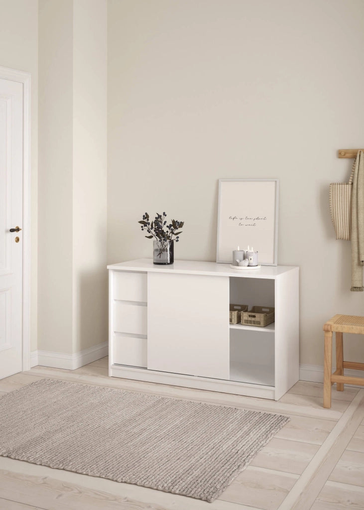 Credenza Bebinca, Buffet da soggiorno, Madia da salotto, Dispensa da cucina, 119x50 h76 cm, Bianco lucido