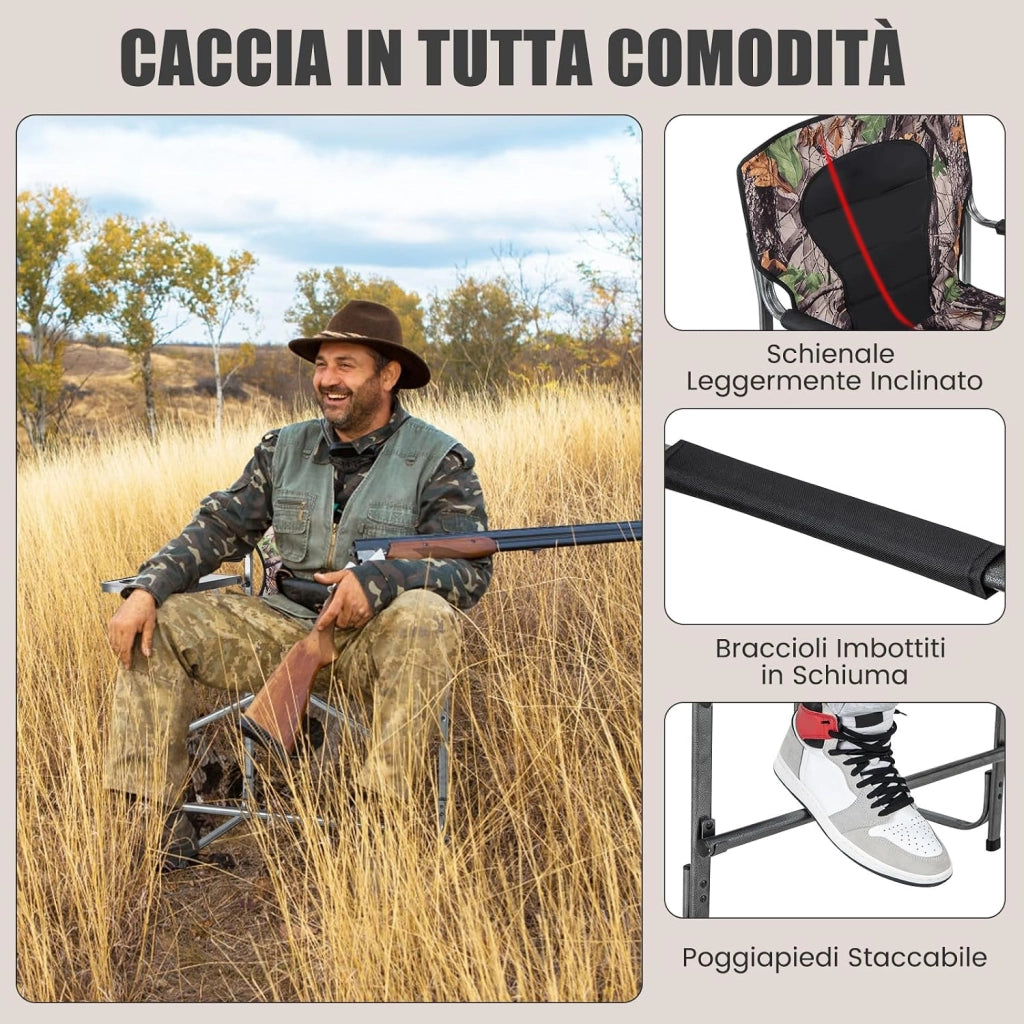 Set da Caccia Pieghevole per Esterno, Sedili da Caccia con Braccioli e Schienale, con Poggiapiedi Rimovibile, Tavolino Laterale, Supporto Fino a 150 kg