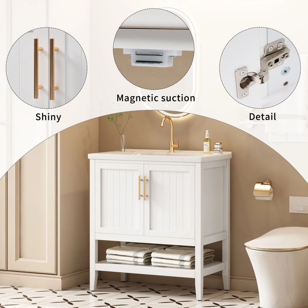 Mobile bagno con lavabo in ceramica da 80 cm colore bianco con base e maniglie moderne
