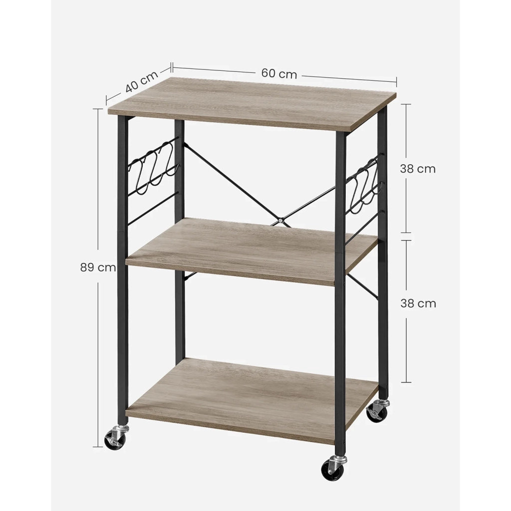Scaffale da cucina carrello da portata ripiano a 3 ripiani per microonde mini forno tostapane struttura in metallo con 6 ganci stile industriale grigio 12_0005675