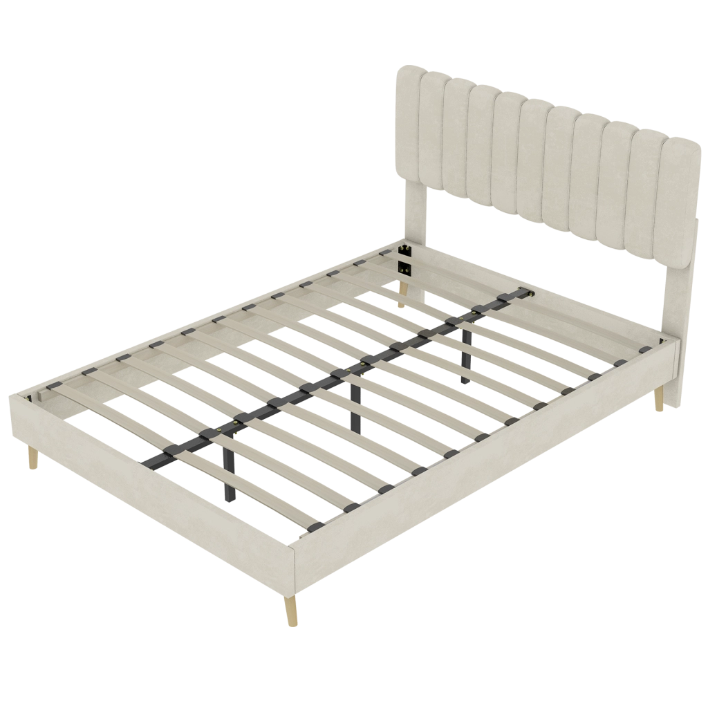 Letto matrimoniale imbottito 160x200 cm in tessuto effetto velluto; beige