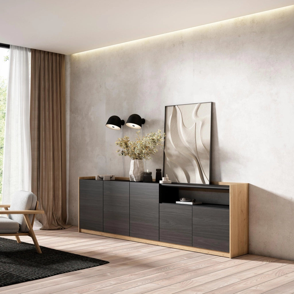Credenza, Mobile, Cucina, 260x80x37 cm, 5 Porte, grande stoccaggio, Nero e rovere