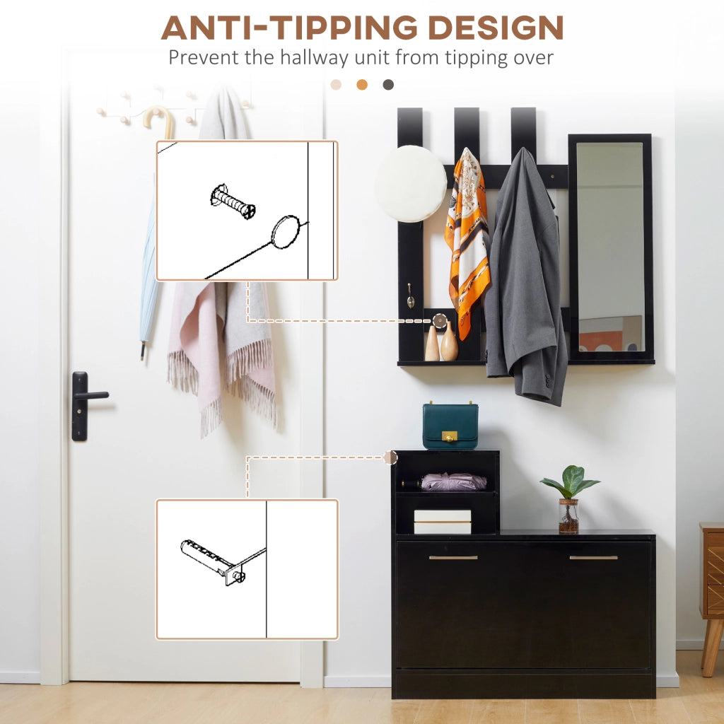 EasyComfort Set Appendi Abiti da Ingresso con Specchio e Scarpiera per 8 Paia di Scarpe, Nero Lucido