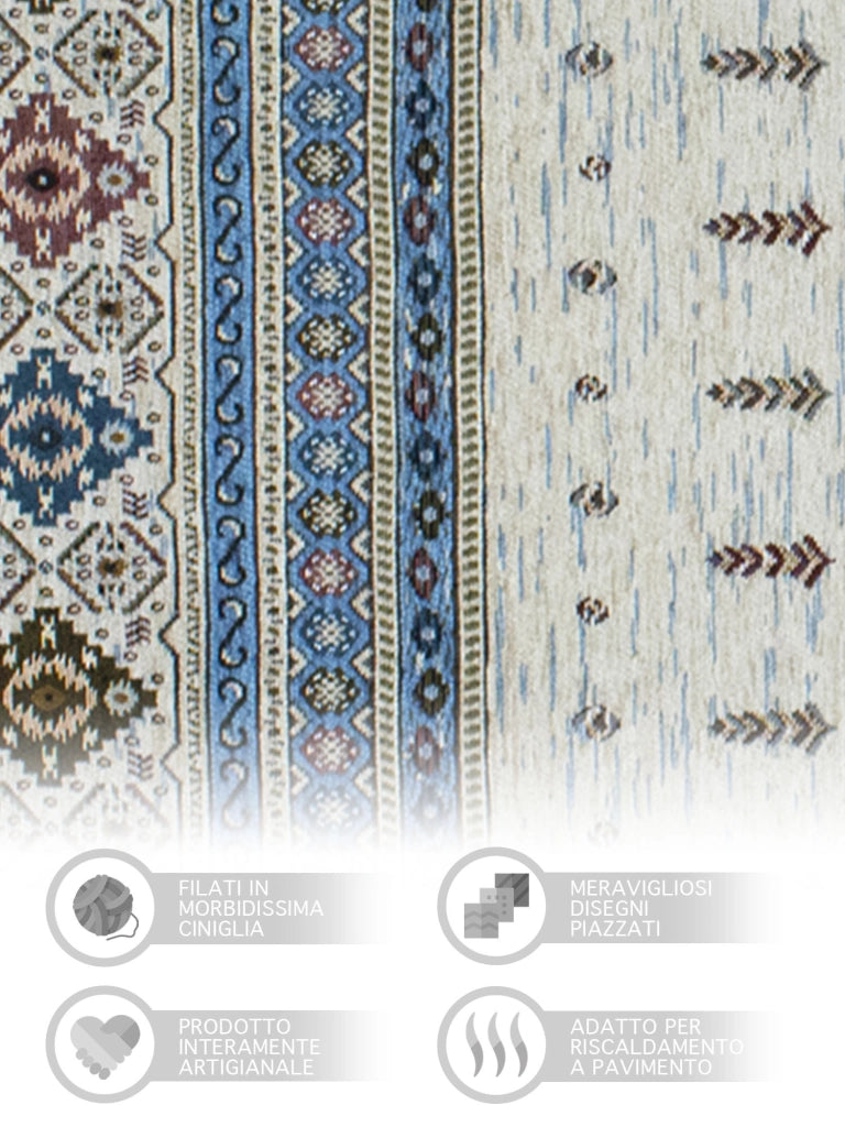 Tappeto Arredo Moderno Morbido in Ciniglia Ingresso Antiscivolo Prodotto Italiano  Soggiorno Camera Salotto Disegni Piazzati Cotone Varie Misure Grande Loom/Azzurro - 65x175 cm