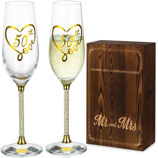 Set di 2 Champagne cristallo con disegno a sbalzo in oro - Regali per matrimonio di riconoscimento - Calici per Prosecco personalizzabili