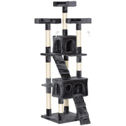 ALBERO TIRAGRAFFI PER GATTI CON 3 POSATOI, 2 CASETTE E GIOCHI APPESI, IN LEGNO E PELUCHE, 49X49X173 CM, GRIGIO