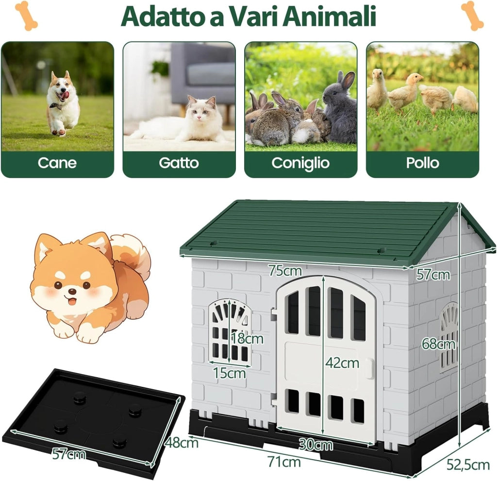 Cuccia per Cani da Esterno ed Interno, Casetta Impermeabile e Ventilata con Vassoio Toilette Rimovibile, Porta Bloccabile, 3 Finestre e Tetto a Pendenza, per Cani di Piccoli e Gatti (Verde)