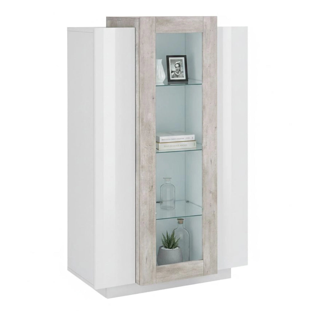 Vetrina moderna con anta a Ablaze, Made in Italy, Mobile vetrinetta da soggiorno, cm 80x38h121, Bianco lucido e Cemento
