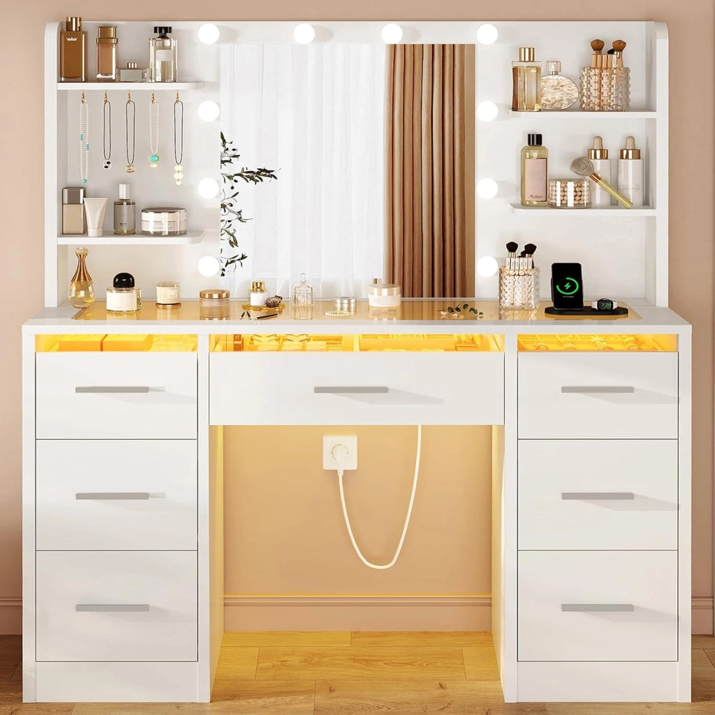 Toilette da trucco con luci, luminosità regolabile, specchio e spina, tavolo da toeletta con 7 cassetti, 3 ripiani, cassettiera moderna, camera da letto, bianco