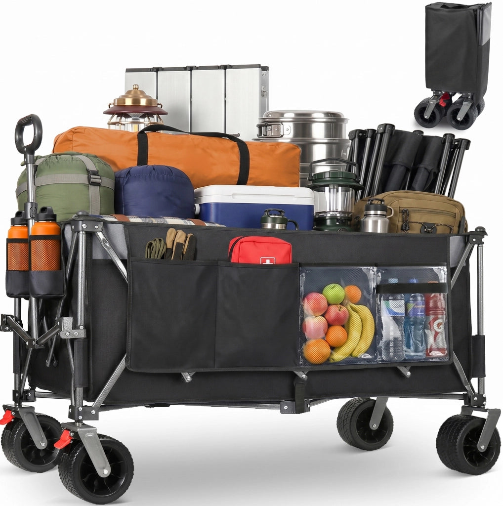 Carrello pieghevole ad alta capacità con ruote fuoristrada nero e grigio