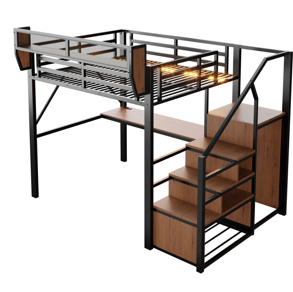 Letto a soppalco 140x200 cm in metallo e MDF nero con scrivania; LED; scala di sicurezza e ripiani