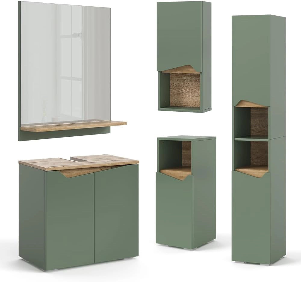 Mobile da bagno Marelle, Verde/Artigianale, 30 x 180 cm Con porte e vani aperti, per la conservazione di articoli da bagno e asciugamani