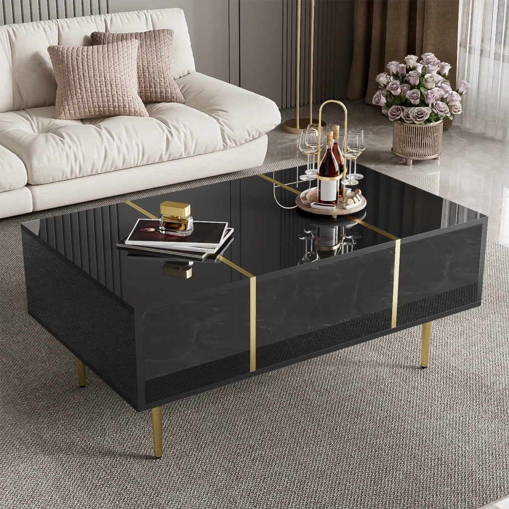 TAVOLINO DA CAFFÈ Nero Lucido 100x60x41,5 cm con 2 Cassetti