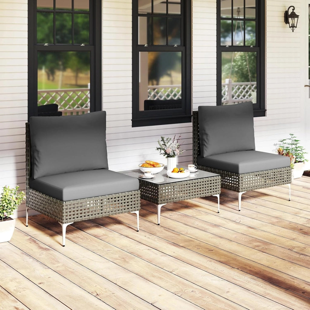 Tavolino e 2 Sedie da Giardino, Set da Conversazione in Rattan con Cuscini e Tavolino in Vetro Temperato, Set da Bistrò per Veranda, Balcone e Cortile (Stile 1)