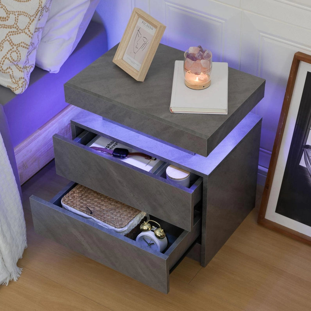 Comodino moderno con luci LED regolabili, 2 cassetti, colore grigio scuro