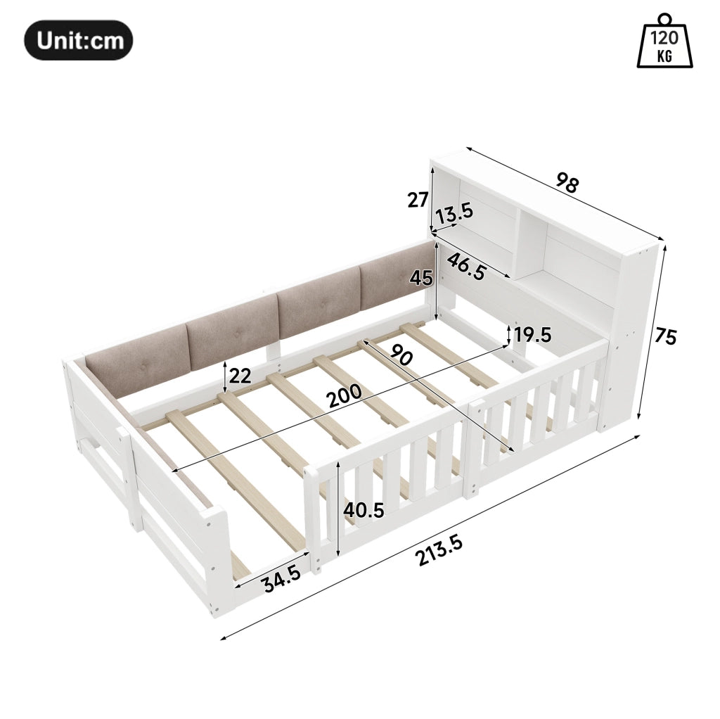 Letto basso per bambini 90 x 200 cm con sponde, LED e vano contenitore bianco