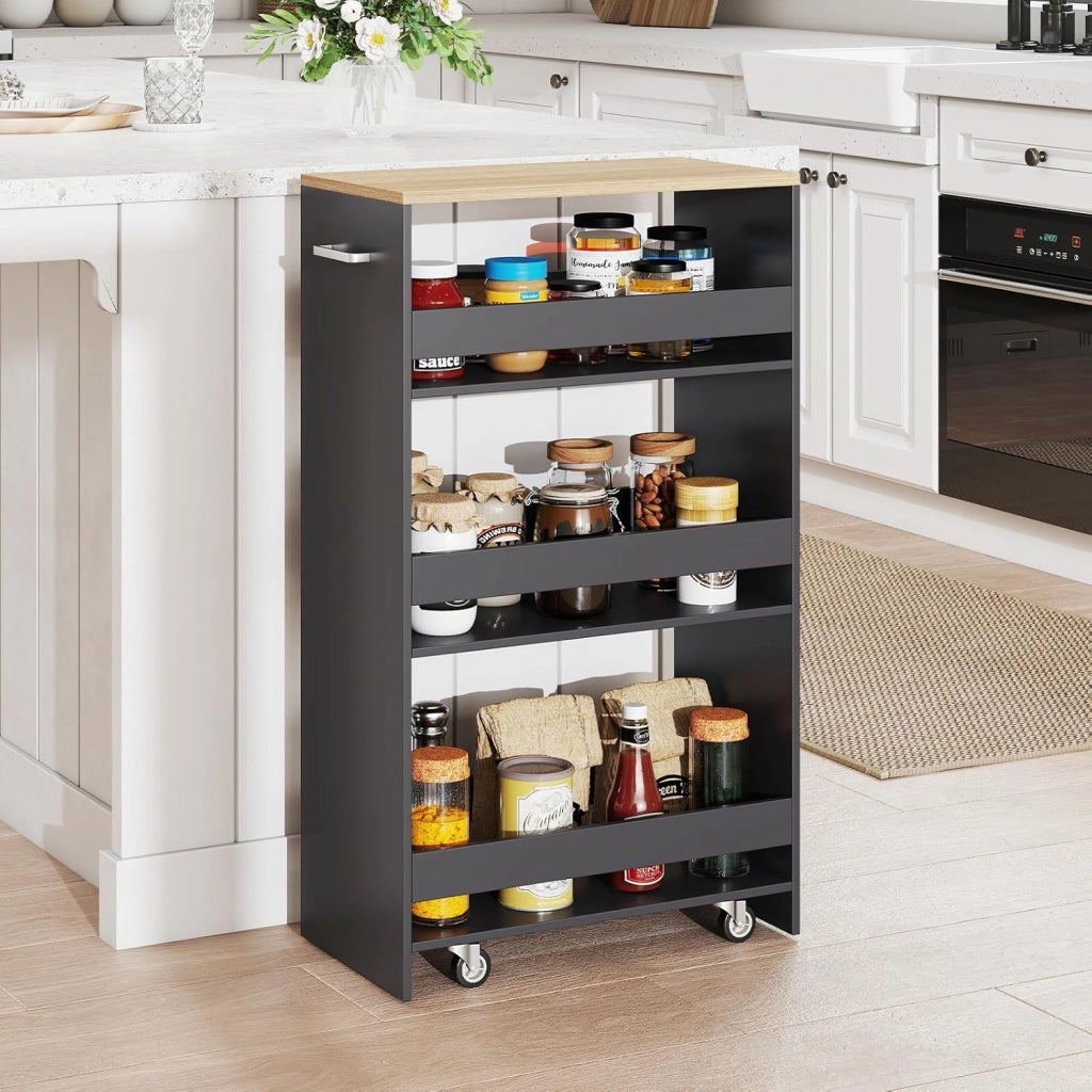 Carrello per Nicchia con Ruote, 4 Livelli，Carrello di Servizio Stretto Salvaspazio, da Bagno, Scaffale da Cucina Sottile 47,5 x 13 x 80,5 cm (Naturale+Grigio, Largo 25 cm)