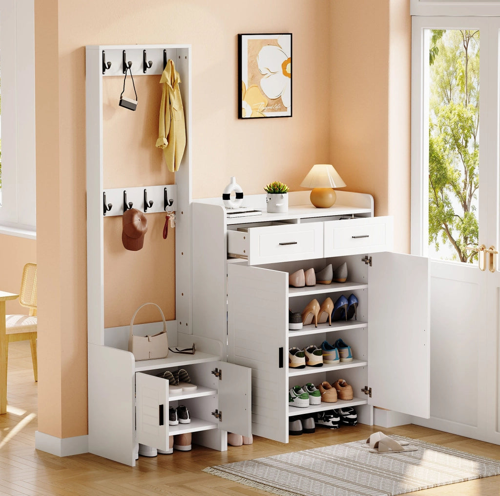 Mobile ingresso con appendiabiti e scarpiera 125x36x165 cm; bianco; in truciolare e MDF