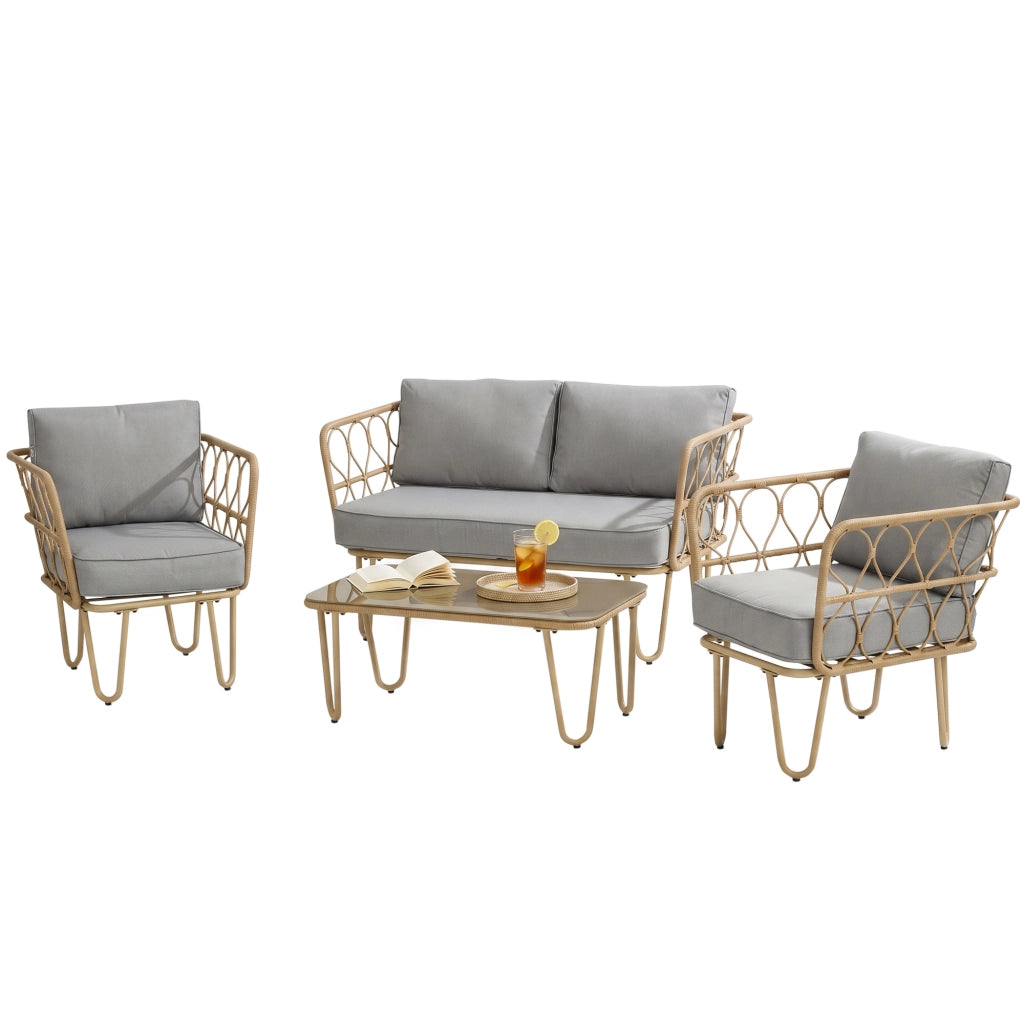 Salotto da Giardino in Rattan Stile Boho con Divano 2 Posti, 2 Poltrone e Tavolino con Vetro