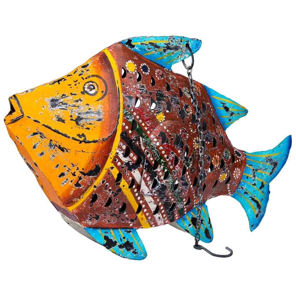 Portacandele pesce in metallo invecchiato 50x10x32
