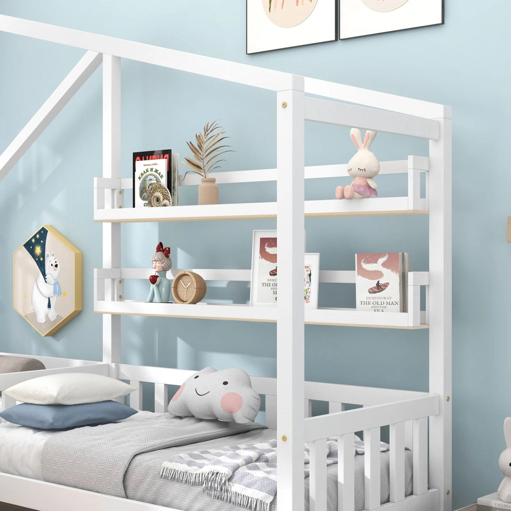 Letto a casa per bambini bianco con cassetti e mensole in legno massello e mdf struttura l 90x200 cm