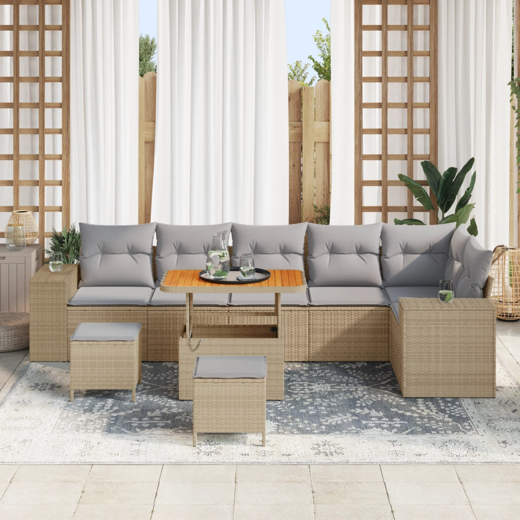 Set di divani da giardino  da 9 pezzi con cuscini in rattan sintetico beige e acacia