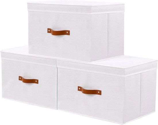 Cassetti di archiviazione con coperchio 3 pezzi bianchi 38 x 25 x 25 cm organizzatore di cassetti pieghevoli per stoffa per salotto e camera da letto