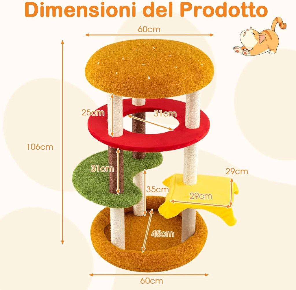 Albero per Gatti 106 cm, Tiragraffi per Gatti a Tema Hamburger con Trespolo Imbottito, Letto Spazioso, Tiragraffi di Sisal e Cuscini Morbidi, Casetta per Gattini, 60 x 60 x 106 cm