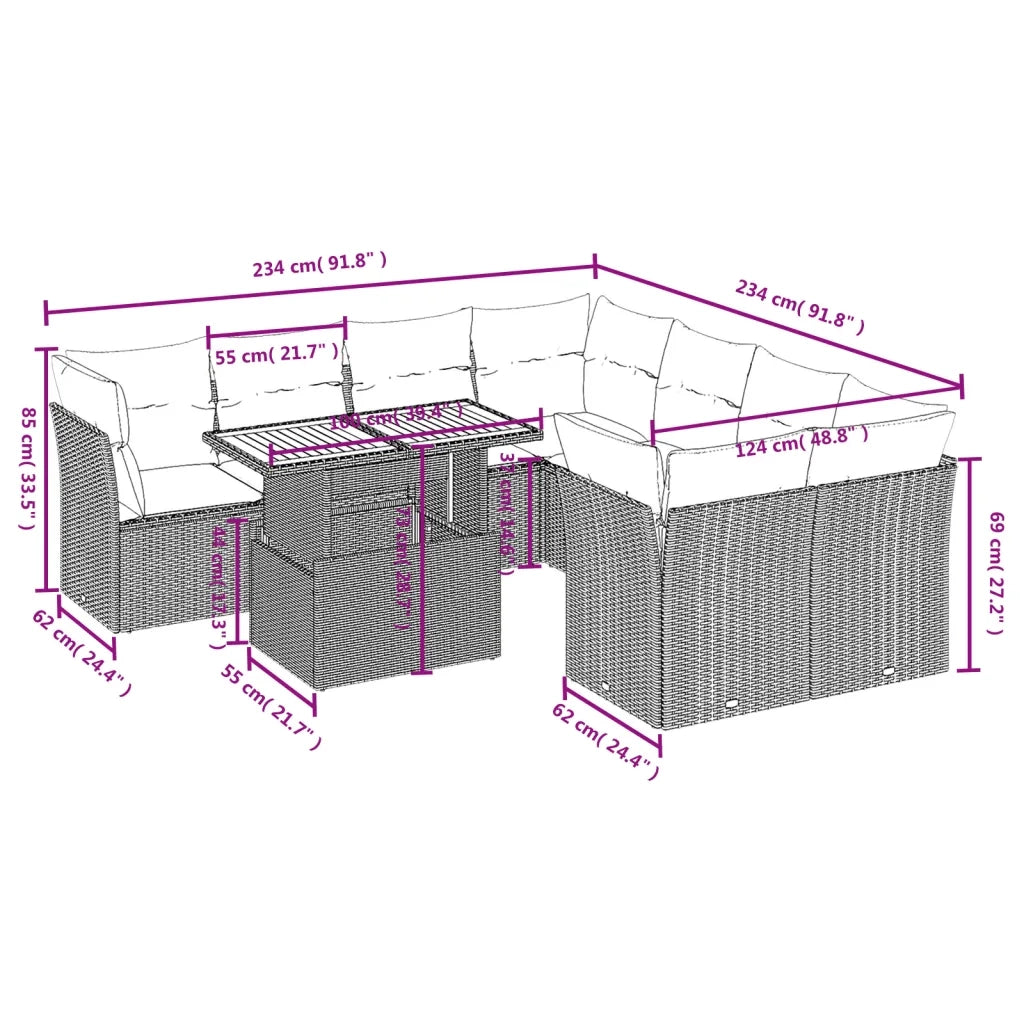 Set Divano da Giardino 9 pz con Cuscini Grigio in Polyrattan 3270724