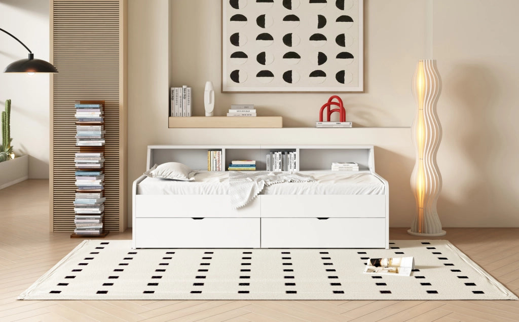 Letto giorno 90x200 cm con due cassetti e ripiani, bianco