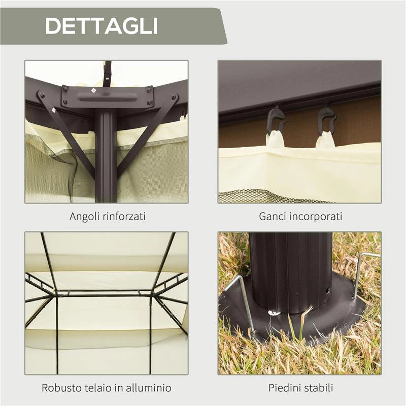 GAZEBO DA GIARDINO 4X3 M CON ZANZARIERA E TENDE, TETTO DOPPIO E RIVESTIMENTO ANTI-UV, CREMA