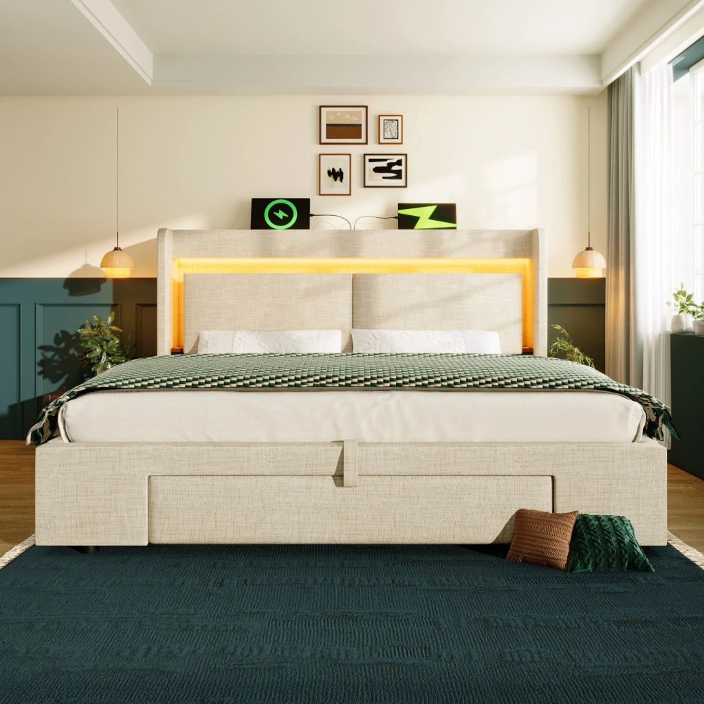 Letto imbottito 140x200 cm con contenitore idraulico; LED e porte USB; beige