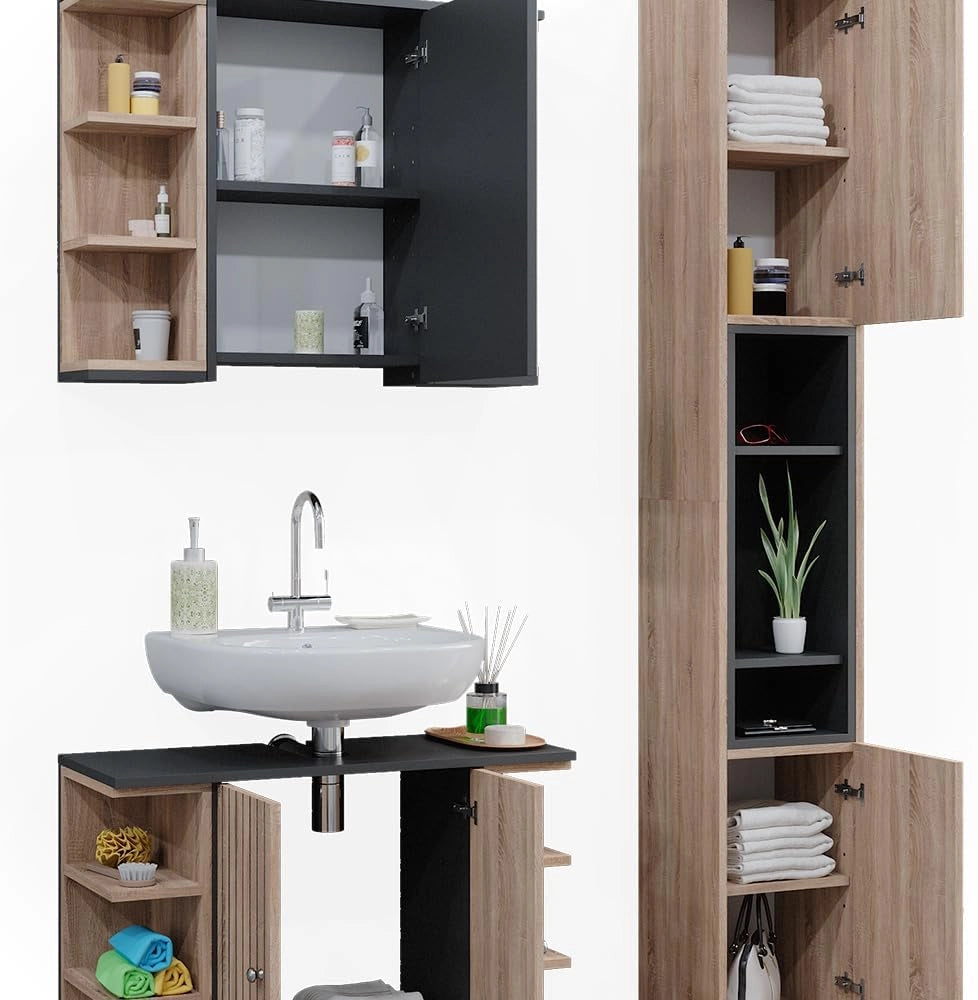Set di mobili da bagno Aquis, Sonoma, 79.6 cm, composto da mobile sottolavabo, specchiera e colonna alta
