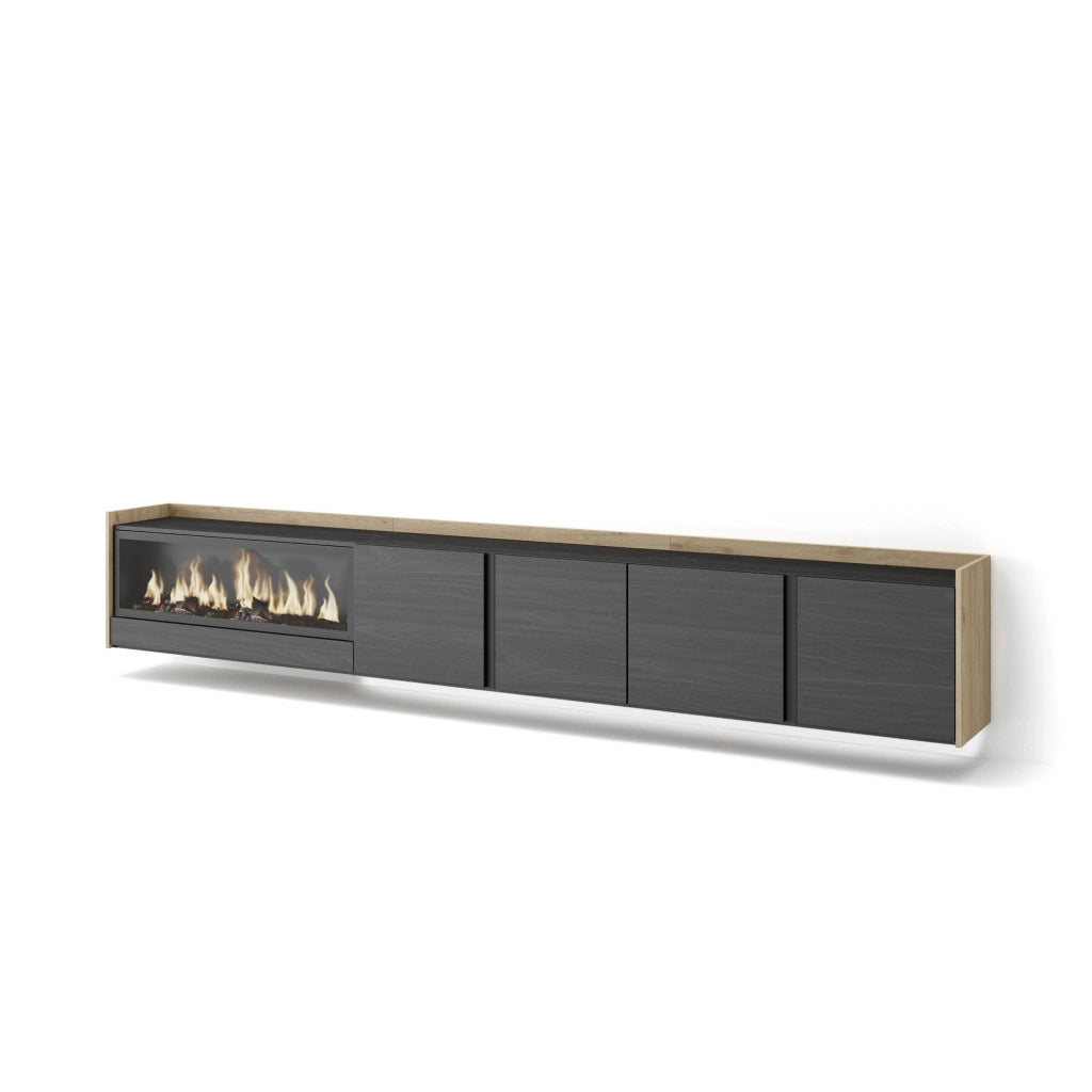 Mobile TV Soggiorno, 315x50x35 cm, Per TV fino a 80", Camino elettrico XXL, Sospeso, da appendere, LED, Nero e rovere