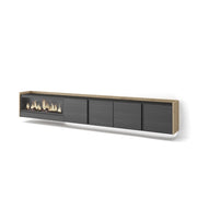 Mobile TV Soggiorno, 315x50x35 cm, Per TV fino a 80", Camino elettrico XXL, Sospeso, da appendere, LED, Nero e rovere