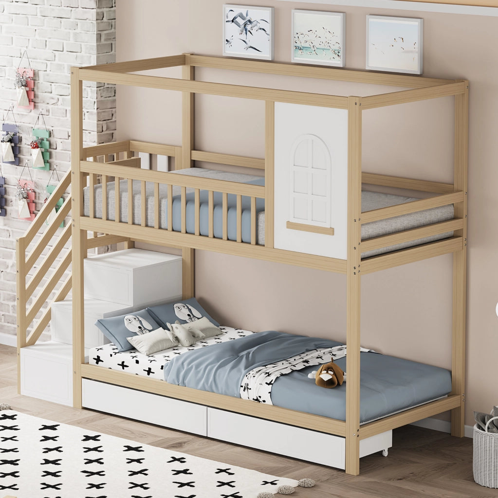 Letto a castello 90x200 cm con scala e cassetti; sponde di sicurezza in legno colore naturale