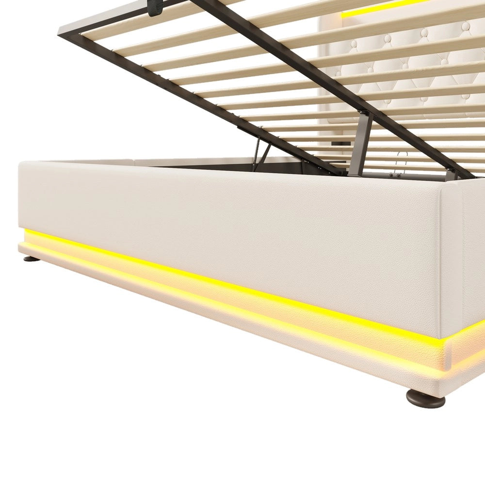 Letto Imbottito Contenitore Matrimoniale LED ¨C MINIMAL ¨C Bianco, Similpelle, Idraulico, USB, 160x200